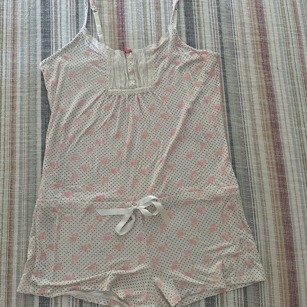 Candie's Pink and White Chemise Romper with Lace Trim